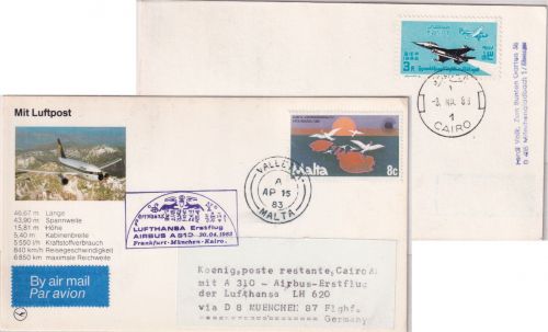 Malta - Lufthansa 1st-Flug München - Cairo 1983 Zuleitungspost ägypt. Lagergeb.