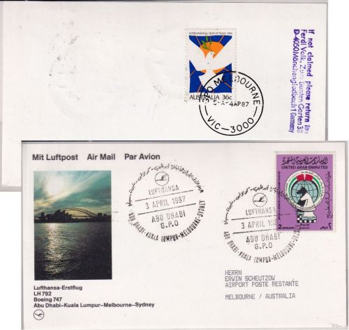 UAE - Lufthansa-Erstflug Abu Dhabi - Melbourne 1987 austral. Postlagegebühr