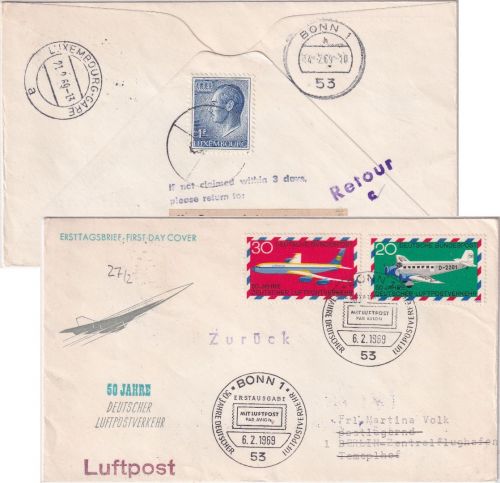 BRD/Luxemburg - 50 J. Dt. Luftpostverkehr Schmuck-FDC m. Lagergebühr 6.2.69