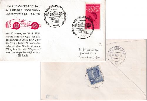 BRD - Mülheim a/Ruhr 1968 Ikarus-Werbeschau Schmuckkuvert n. Luxemburg