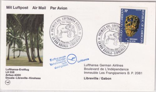 Kamerun - Lufthansa Erstflug Douala - Libreville 1986 Ausfall-Stempel