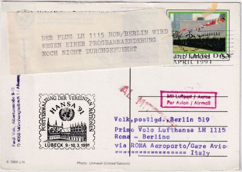 UNO New York Lufthansa Erstflug Rom Berlin 1991 Zuleitungspost/Hinweisaufkleber
