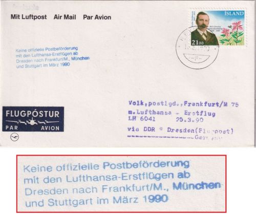 Island - Lufthansa Erstflug Dresden/Frankfurt 25.3.90 Zuleitungspost Hinweis-L4