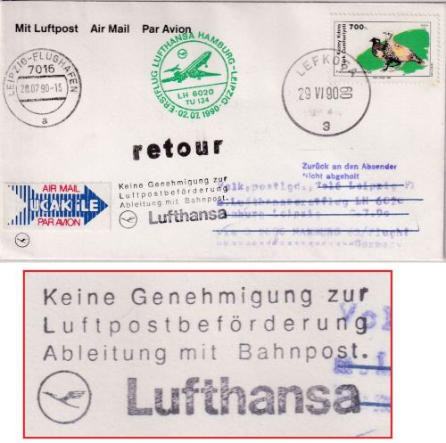 Türk. Zypern - LH Erstflug Hamburg/Leipzig 2.7.90 Zuleitungspost Hinweis-L4