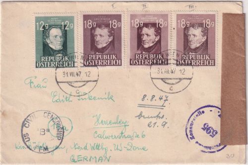 Österreich - 18g Grillparzer 3 versch. Typen u.a. Zensurbrief Wien Hamburg 1947