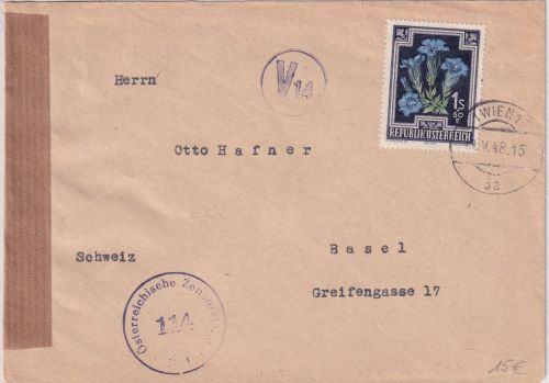 Österreich - 1 S. TBC/Enzian Zensurbrief i.d. SCHWEIZ Wien - Basel 1948