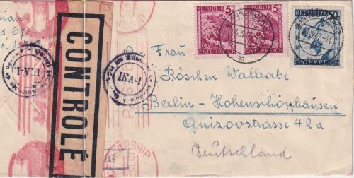 Österreich - 50+2x5g Landschaften Zensurbrief "IKA-I" Innsbruck - Berlin 1947