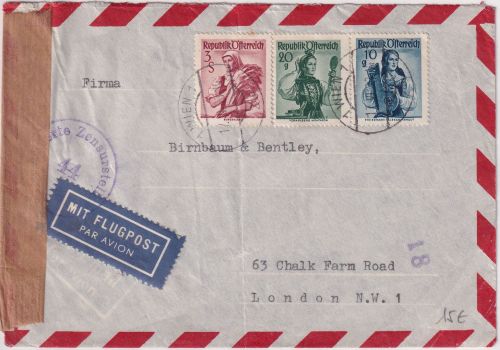 Österreich - 3 S.+20+10g Trachten Luftpostbrief n. ENGLAND Wien - London 17.6.53