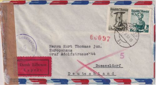 Österreich - 7 S.+40g Trachten Luftpost-Eilbrief Wien - Düsseldorf 1953 Zensur