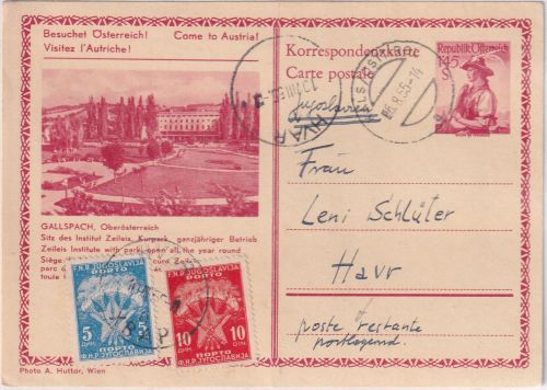 Österreich - 1,45 S. Trachten Ganzsache n. JUGOSLAWIEN/postlagernd Kals 1955