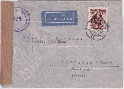 Österreich - 1,40 S. Trachten Luftpostbrief i.d. SCHWEIZ Wien - Pfäffikon 1949