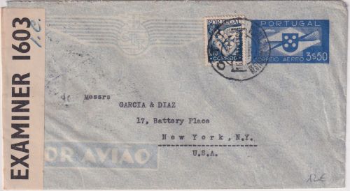 Portugal - 3,50 E. Ganzsache+Zusatz Luftpostbrief n USA Lissabon - New York 1942