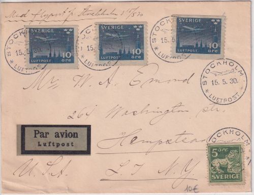 Schweden - 3x10 Ö. Flugpost u.a. Luftpostbrief n. USA Stockholm - Hempstead 1930