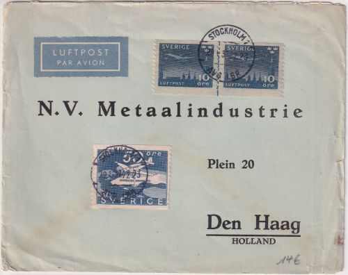 Schweden - 50 Ö. Flugplatz Stockholm ua. Luftpostbrief n. HOLLAND Stockholm 1937