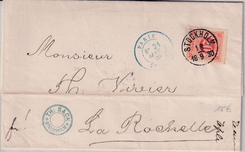 Schweden - 20 Ö. Ziffer Brief n. FRANKREICH Stockholm - La Rochelle 1880