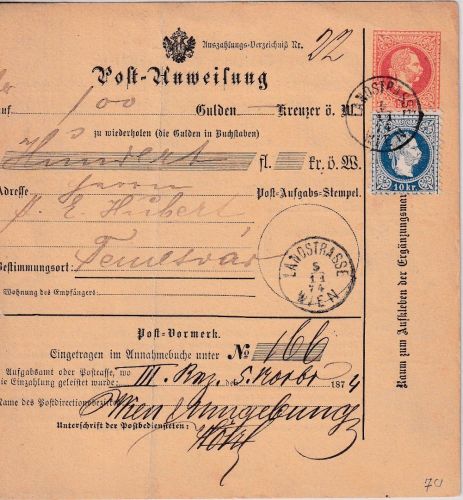 Österreich - 5 Kr. FJ Ganzsache/Postanweisung+Zusatz Wien - Temesvar 1874