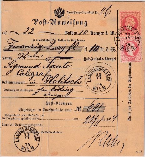 Österreich - 5 Kr. FJ Ganzsache/Postanweisung+Zusatz Wien - Holitsch 1874