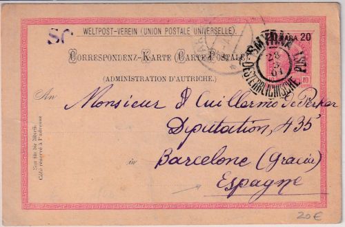 Österreich/Levante - 20 P./10 H. Ganzsache n. SPANIEN Smyrna - Barcelona 1901