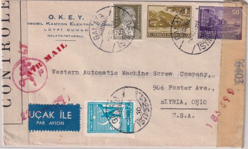 Türkei - Galata 1944 Luftpostbrief n. USA/Elyria brit. u. FFL-Zensur