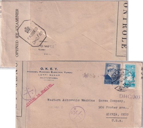 Türkei - Galata 6.10.1944 Luftpostbrief n. USA/Elyria brit. u. FFL-Zensur