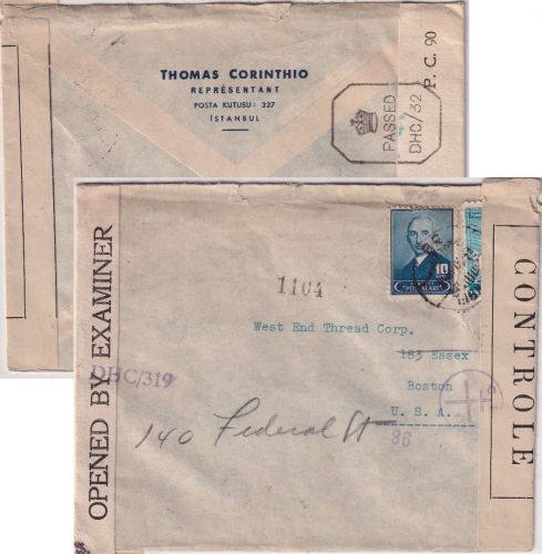 Türkei - Istanbul 4.10.1944 Luftpostbrief n. USA/Boston brit. u. FFL-Zensur