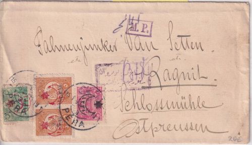 Türkei - 20+10+2x5 Pa Freimarken/Halbmond-Überdruck Zensurbrief Pera Ragnit 1916