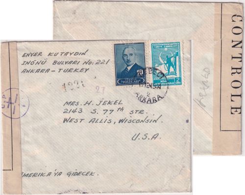 Türkei - Ankara 15.12.1944 Luftpostbrief n. USA/West Allis FFL-Zensur
