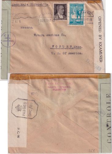Türkei - Istanbul 25.9.1942 Luftpostbrief n. USA/Woburn brit. u. FFL-Zensur