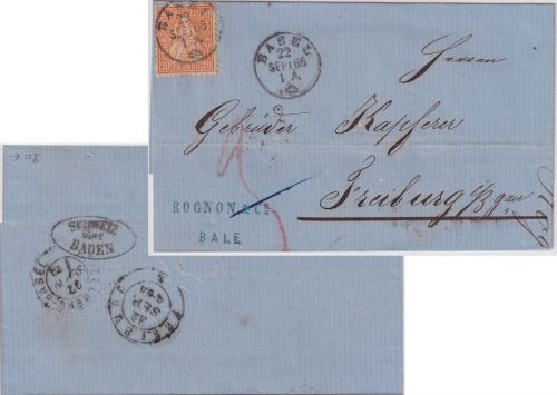 Schweiz - 20 Rp. sitz. Helvetia Brief Basel - Freiburg 1866 "Schweiz über Baden"