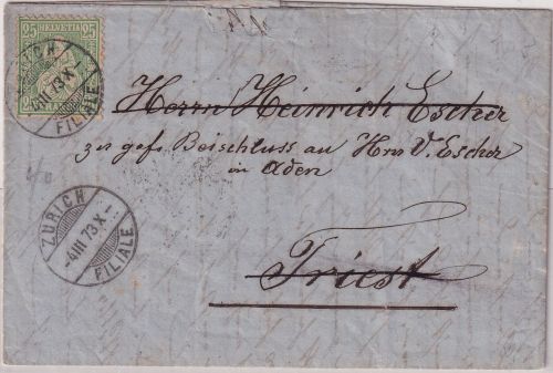 Schweiz - 25 Rp. sitz. Helvetia Brief Basel - Triest 1873 Weiterleitung Aden !!