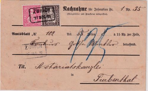 Schweiz - 5+10 Rp sitz. Helvetia Nachnahmekarte Ra2 Zürich - Turbenthal 1880