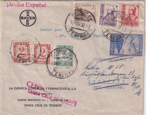 Spanien - Santa Cruz Teneriffa Luftpost-Firmenbrief n. Hamburg 1937 Lokalzensur