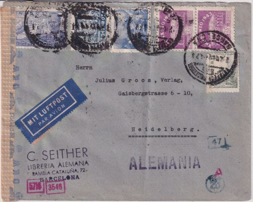 Spanien - 2x20 C. Heiliges Jahr u.a. Luftpostbrief Barcelona - Heidelberg 1944