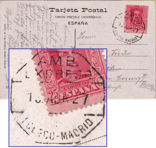 Spanien - 25 C. Alfons XIII. karte Bahnpost Toledo - Madrid 1927