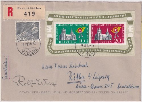 Schweiz - NABA Lausanne 1955 Blockausgabe u.a. Einschreibebrief Basel - Rötha