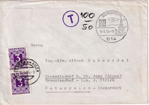 BRD/Österreich - Bensheim 1966 unfrankierter Brief n St. Anna - 2x3 S. Nachporto