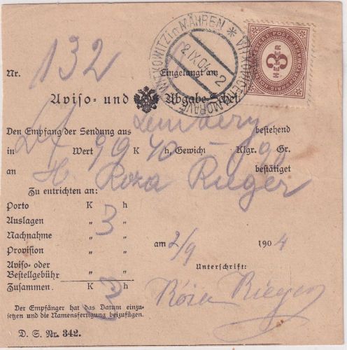 Österreich - 3 H. Portomarke Aushändigungsschein f. Wertsendung Witkowitz 1904