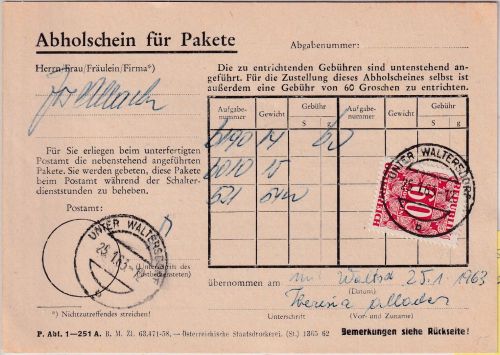 Österreich - 60g Portomarke Abholschein für Pakete Unter-Waltersdorf 1963