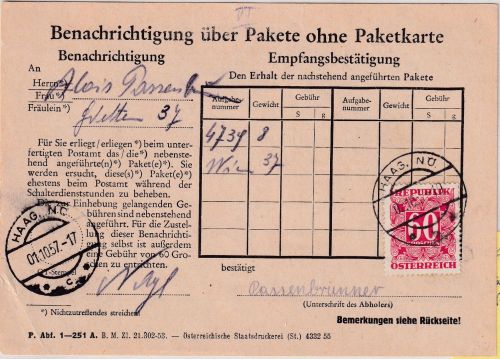 Österreich - 60g Portomarke Paketbenachrichtigung Haag NÖ 1957