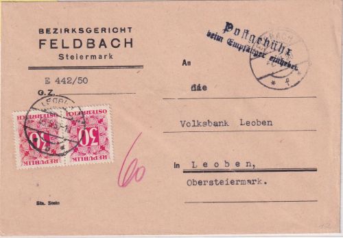Österreich - 2x30g Portomarke unfrankierter Dienstbrief Feldbach - Leoben 1950