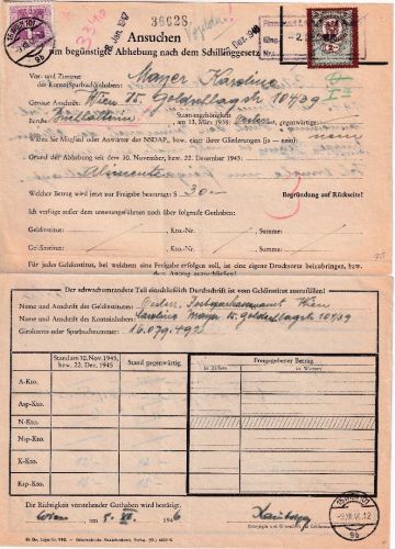 Österreich - 1 S. Portomarke Formular zur begünstigten Abhebung Wien 1946