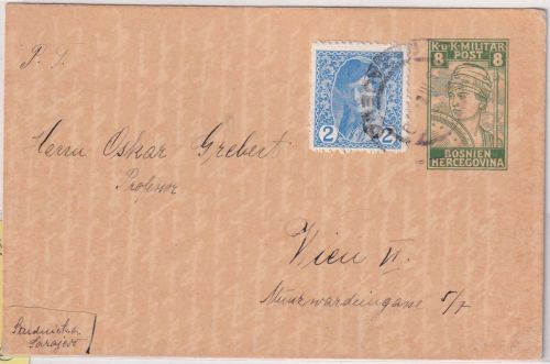 Österreich/B&H - 8 H. Ganzsache Krieger + Zusatz Sarajevo - Wien 1919