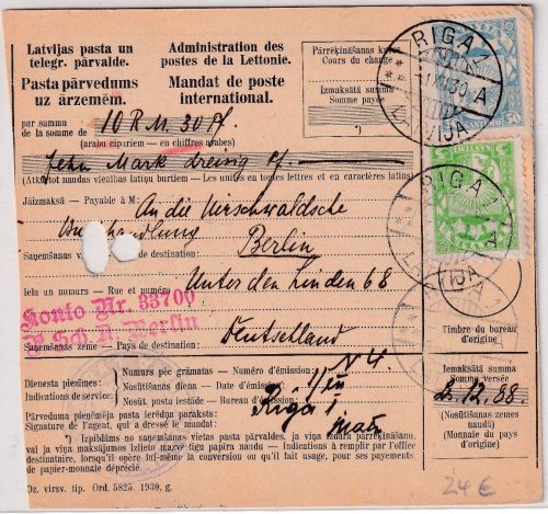 Lettland - 30+5 S. Wappen Auslandspostanweisung Riga - Berlin 1930