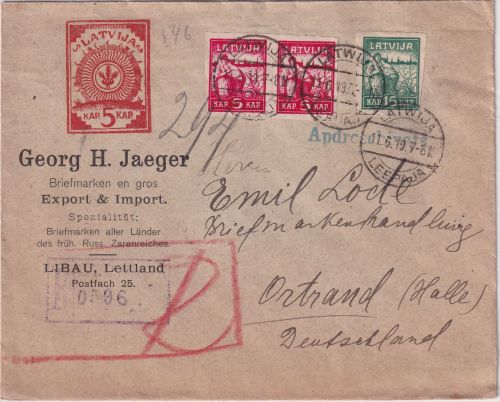 Lettland - 2x5+15 Kap. Einschreibebrief Libau - Ortrand 11.6.19 VOR-Ersttag !!