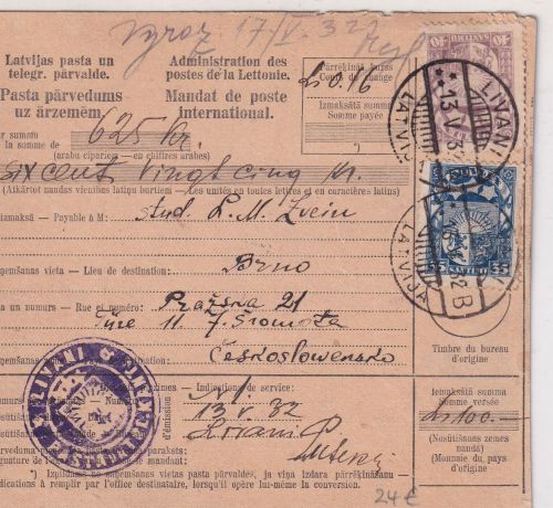Lettland - 40+35 S. Wappen Auslandspostanweisung n. TSCHECHIEN Livani Brünn 1932