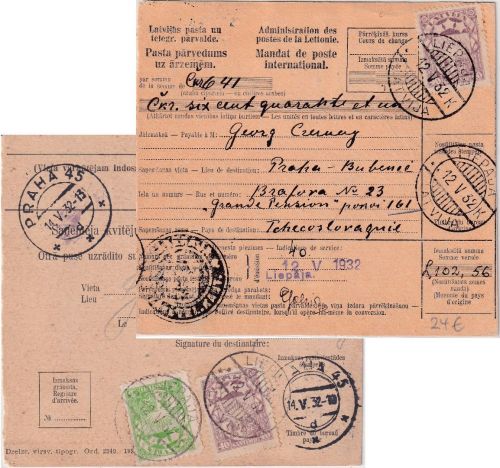 Lettland - 2x40+5 S. Wappen Auslandspostanweisung n TSCHECHIEN Liepaja Prag 1932