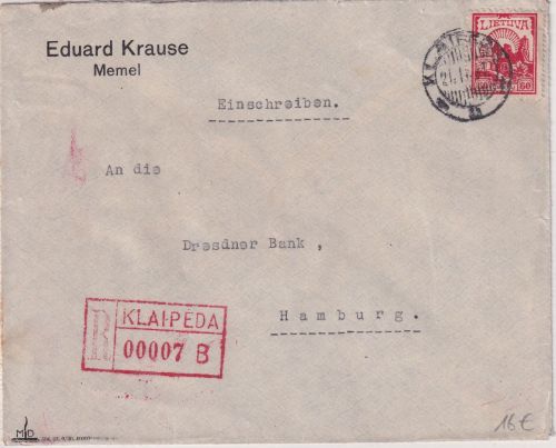 Litauen - 60 C. Freimarke Einschreibebrief Klaipeda - Hamburg 1931