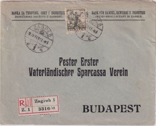 Jugoslawien/Kroatien - 45 Fil. Matrose Einschreibebrief n. UNGARN Zagreb 1919