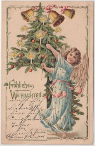 Glückwunsch - Weihnachten Engel mit Christbaum Prägekarte gelaufen Diessen 1903