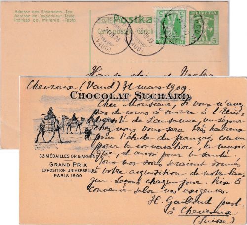Schweiz - Chocolat Suchard Kamele Pyramiden priv Zudruck Ganzsache Chevroux 1903